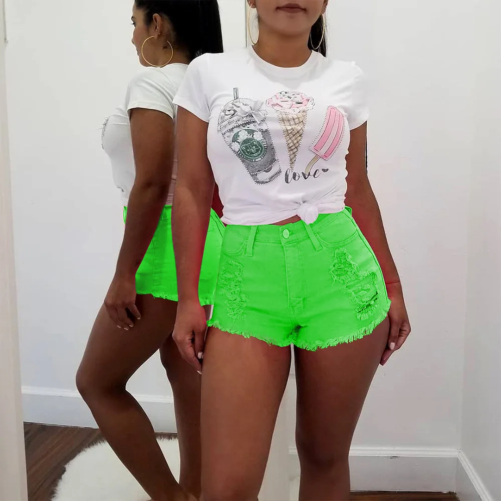 GBYXTY, короткие, mujer verano, сексуальные, неоновые, цветные, джинсовые шорты, высокая талия, рваные, джинсовые шорты,, летние, женские, обтягивающие шорты ZL273