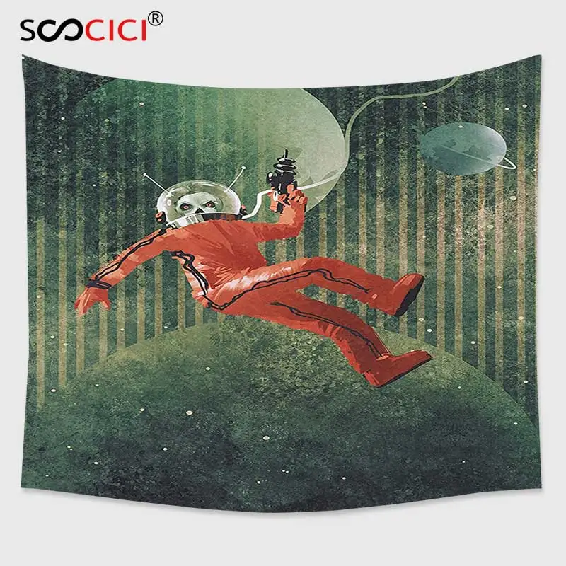 

Cutom Tapestry Wall Hanging,Fantasy Art House Decor Alien in Spaceman Suit Holding Gun to Planet Earth Grunge Artwork Coral Teal