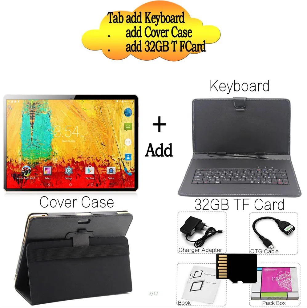 Keyboard 32G TF Case Планшетный ПК 10 дюймов Octa Core 3g Телефонный звонок Google Рынок Android 7,0 tab gps, Wi-Fi, FM, Bluetooth 10 дюймов Планшеты 4G+ 64G - Комплект: Keyboard 32G TF Case