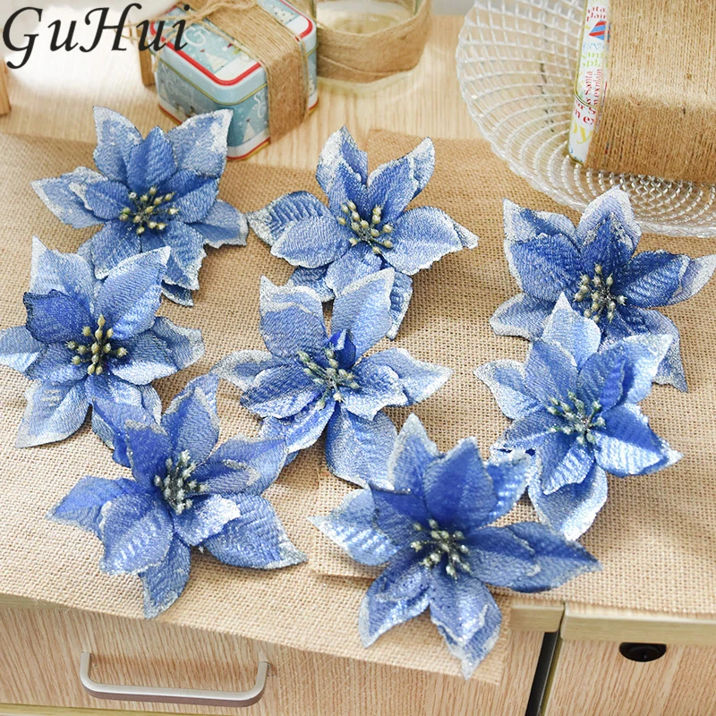 8pcs Colorful Artificial Flowers Christmas Tree Ornament Gold Silver Sticky Powder Flower New Year Home Party Hanging Prop Decor | Дом и сад