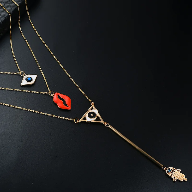 ANL022 3 Layers Statement Long Blue Evil Eye Red Lips Hamsa Hand Pendant Chain Lucky Sweater Necklace | Украшения и аксессуары
