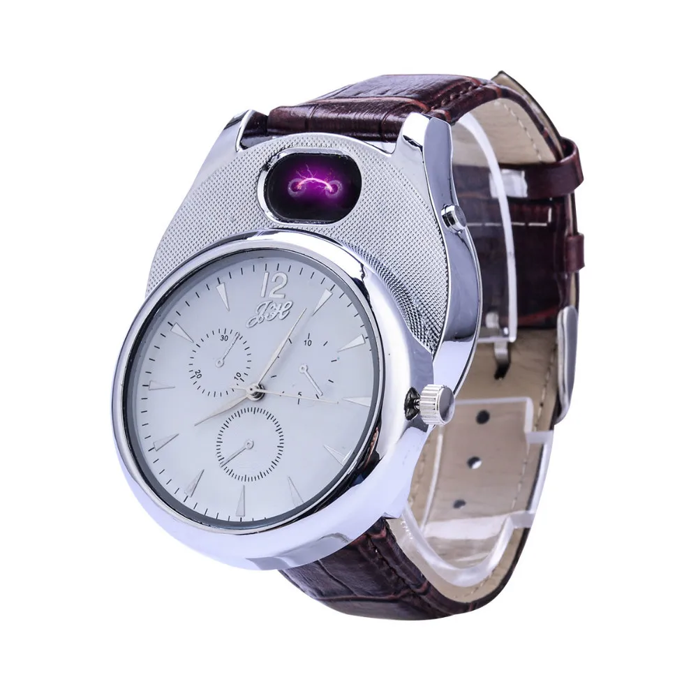 Cigarette Lighter watch Men USB rechangeable Casual Quartz Watch fashion Arc Flameless Lighter Wristwatches clock JH338