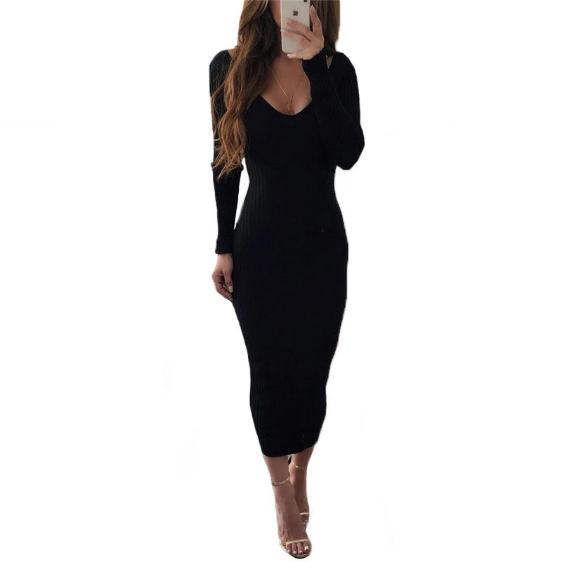 

Autumn solid color plain knitted women dresses Fashion 2018 ladies long sleeve V Neck sexy backless bodycon Dress Slim clothes