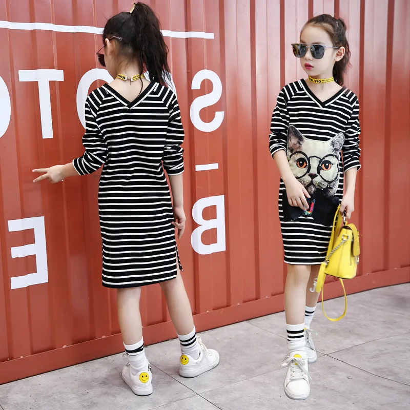 Girls costumes kids dress elegant party frocks for girls striped Children cat animal print long sleeve 4 5 12 years | Детская одежда и