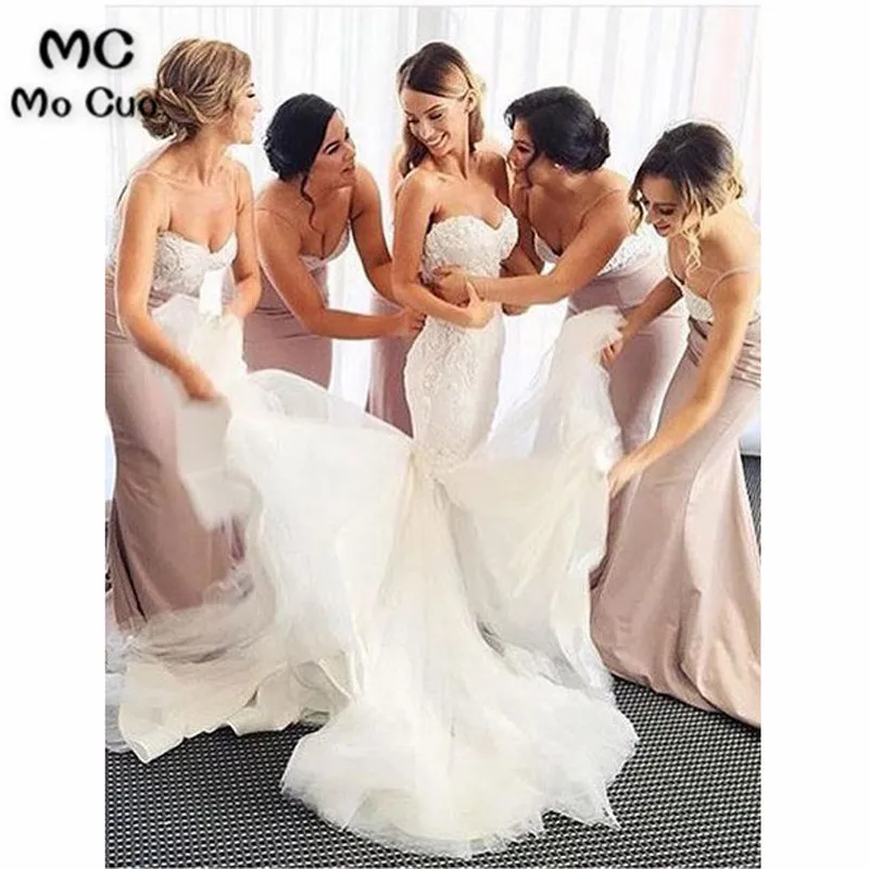 

Mocuo 2019 Mermaid Bridesmaid Dresses with Appliques Lace Spaghetti Straps Elastic satin Wedding Party Dress Bridesmaid Dress