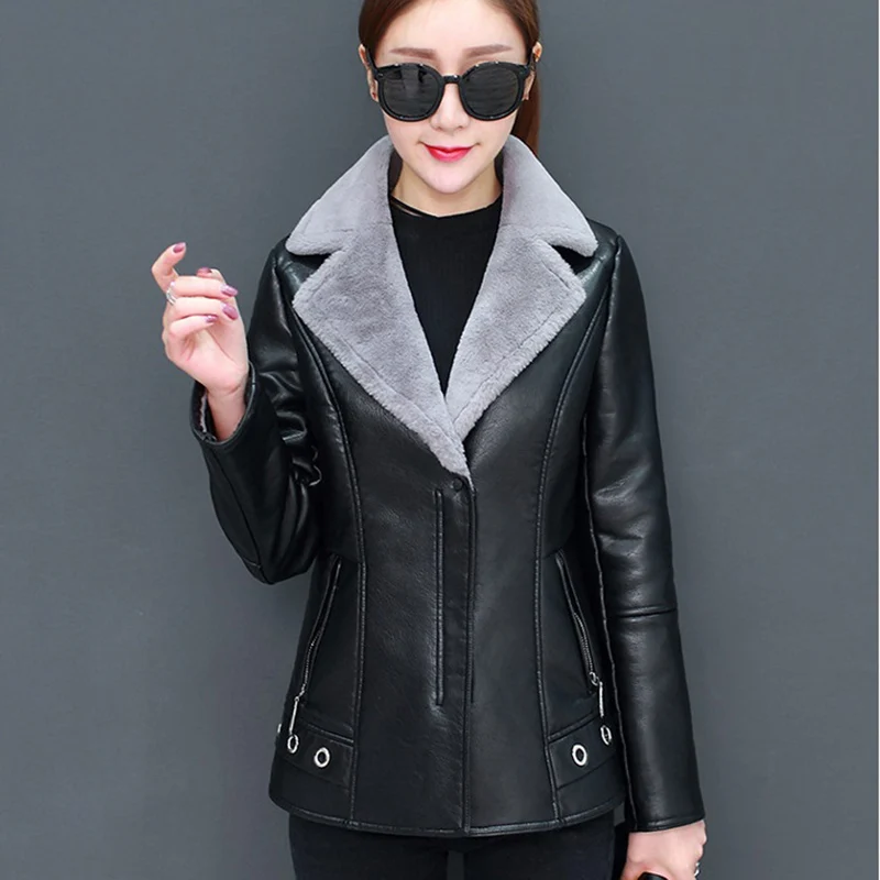 Женская кожаная куртка зимнее пальто из искусственной кожи короткая верхняя