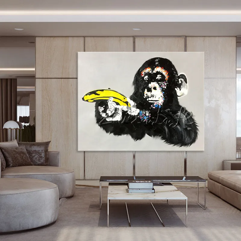 Живопись на холсте поп-арт животные акриловая живопись обезьяна рука с бананом