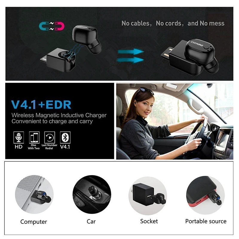 Bluetooth Наушники V4.1 с магнитным USB беспроводным невидимым крошечным Handsfree гарнитура