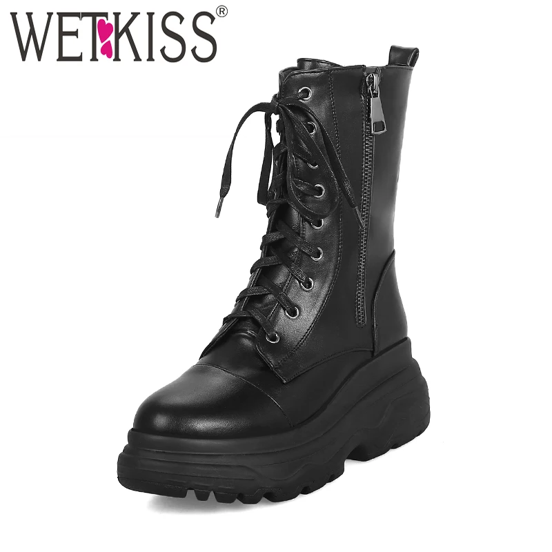 Женские мотоциклетные ботинки WETKISS черные на платформе с закругленным носком