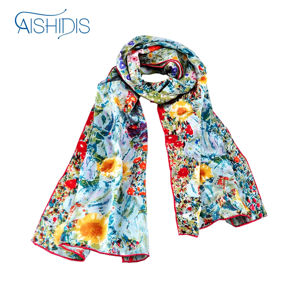 Женский длинный шелковый шарф ручной работы элегантный с рисунком цветов и