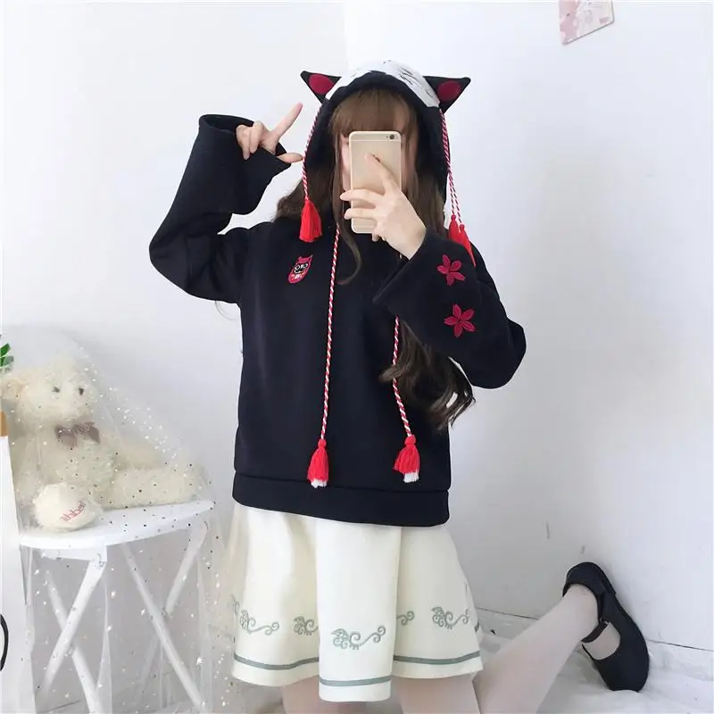Black Japanese New Kawaii Embroidery Anime Women Hoodies Mori Girl Tassel Lazy Plus Velvet Long Sleeves Casual Sweet Hoodie Sweatshirt - Цвет: Black