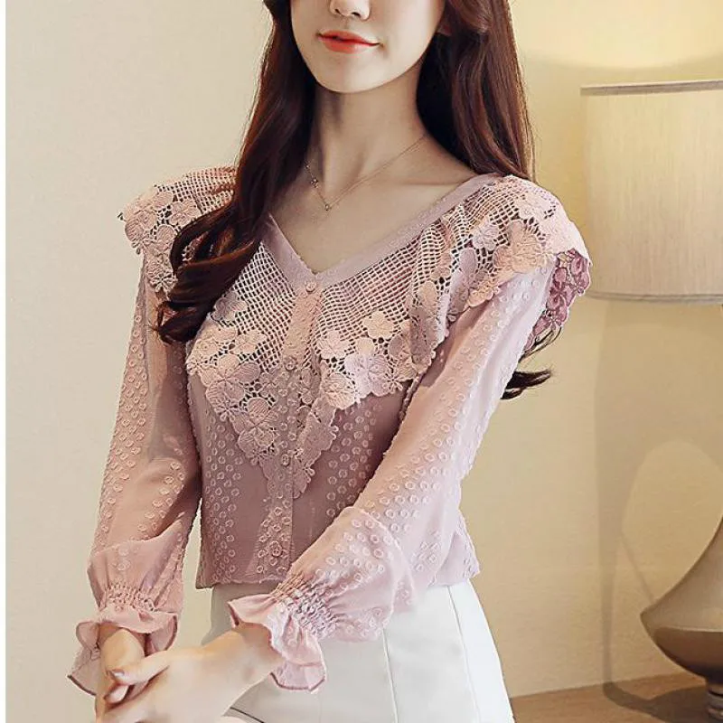 

Fall Spring Sweet Ladies Korean Woman V Neck Hollow Out Full Sleeve Ruffle Chiffon Blouse , Woman XXL Cardigan Buttons Blouses