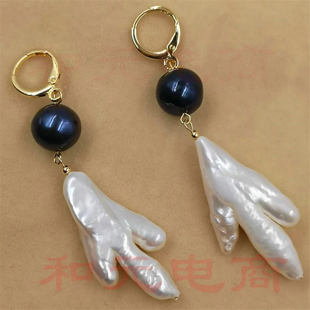 11 12 мм черный жемчуг огромный барокко куриные ноги серьги золотые AAA Аврора