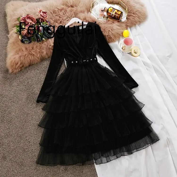 Женское бархатное платье с v-образным вырезом многослойное бальное длинными