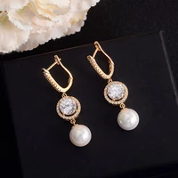 beautiful luxury womens round pearl long earings elegant flower pattern aaa cz hoop earrings for woman crystal jewelry