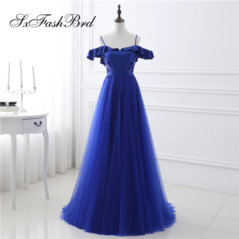 Vestido De Noche милое с открытой спиной ТРАПЕЦИЕВИДНОЕ синее фатиновое элегантное
