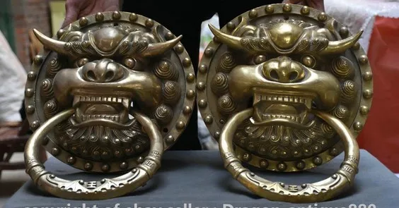 YM 316 15&quot Chinese Brass Fengshui Evil Guardion Foo Fu Dog Lion Head Door Knocker Pair | Дом и сад