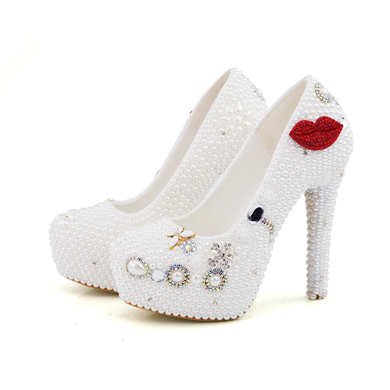Женские туфли на высоком каблуке белый жемчуг с красными губками Свадебная обувь