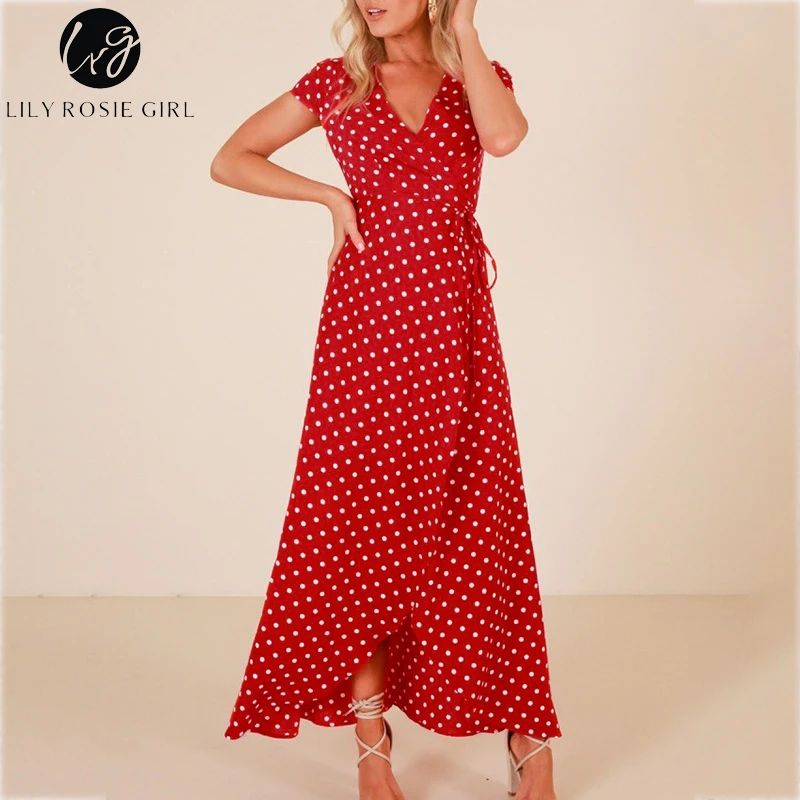 Lily Rosie Girl Длинное пляжное платье с v образным вырезом красное в горошек