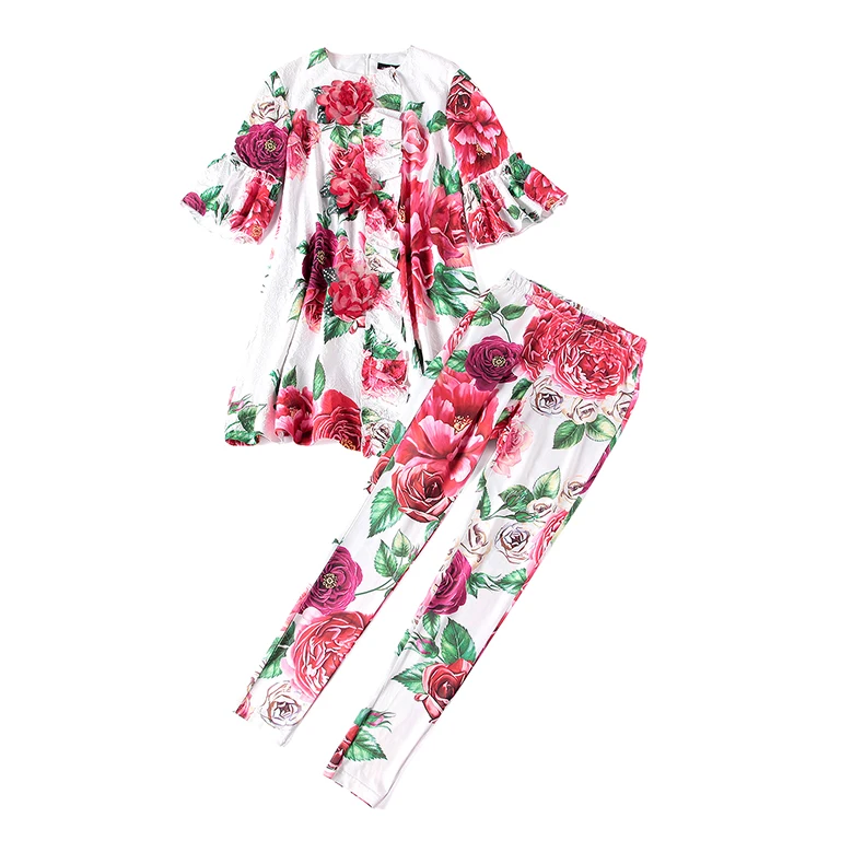 LD LINDA DELLA Autumn Fashion Runway Pants Suit Sets Women's Appliques Floral Print Long Pants Suit Two-Pieces Set