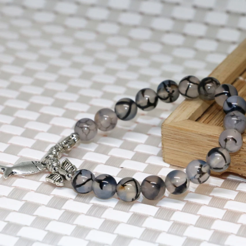 Серебристый цвет рыбы аксессуар 8 мм черный круглый Дракон вен Агат камень оникс