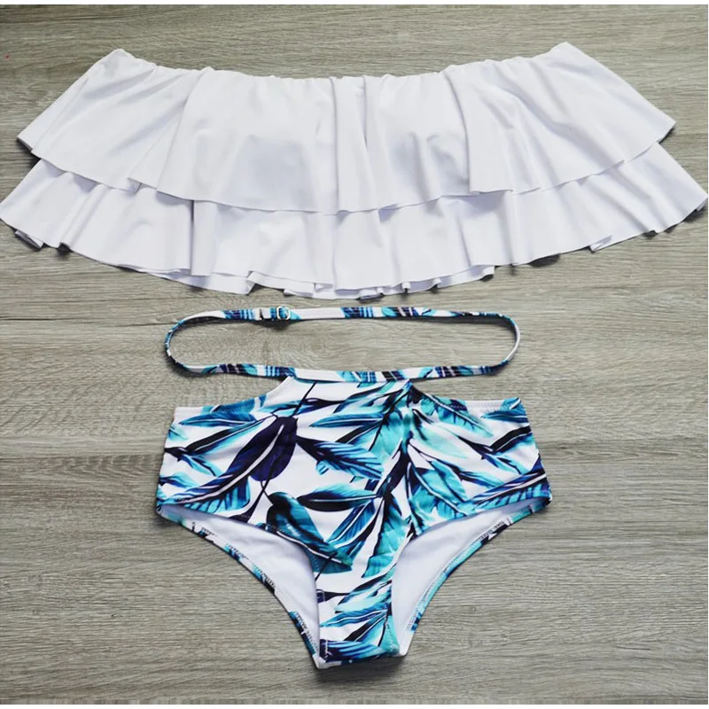 FS женский купальник бандо с оборками бикини листьями 2018 белый высокой талией