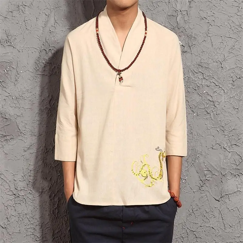 Men Cotton Linen Pullover Shirts Long Sleeve Chinese Style Loose Kung Fu Custume Tai Chi Suit Retro Embroidered Tang TS-330 | Мужская