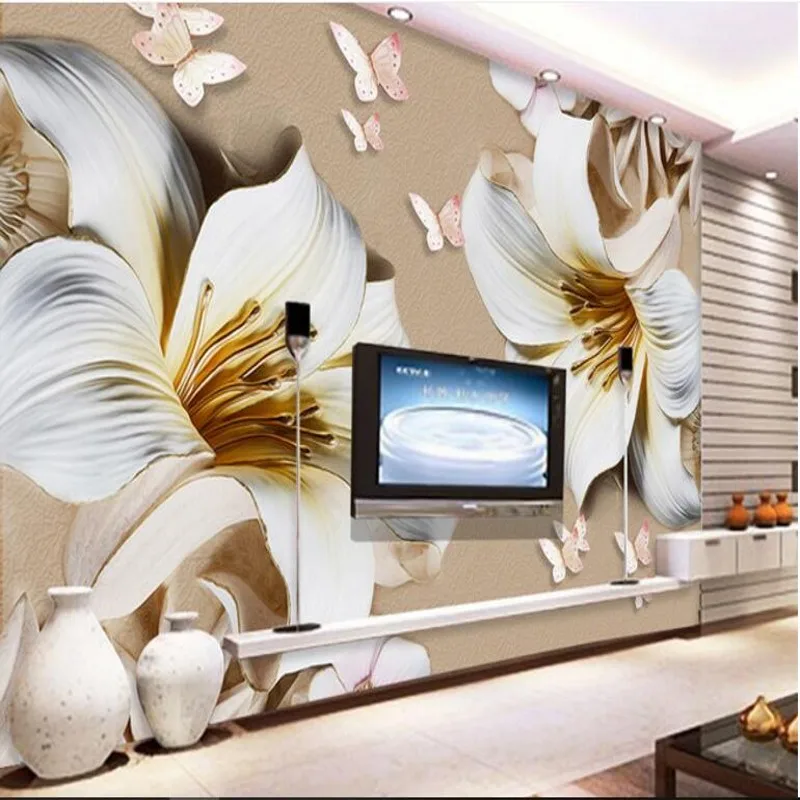 Wellyu пользовательские большие фрески высокого класса рельефные лилии Yu Lan 3d ТВ Фон