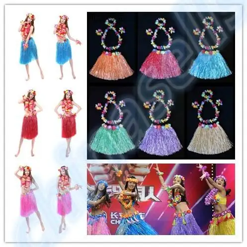 12sets 60CM 5PCS/set Plastic Fibers Women Grass Skirts Hawaiian Hula Skirt set cheerleaders costumes Ladies Dress Up
