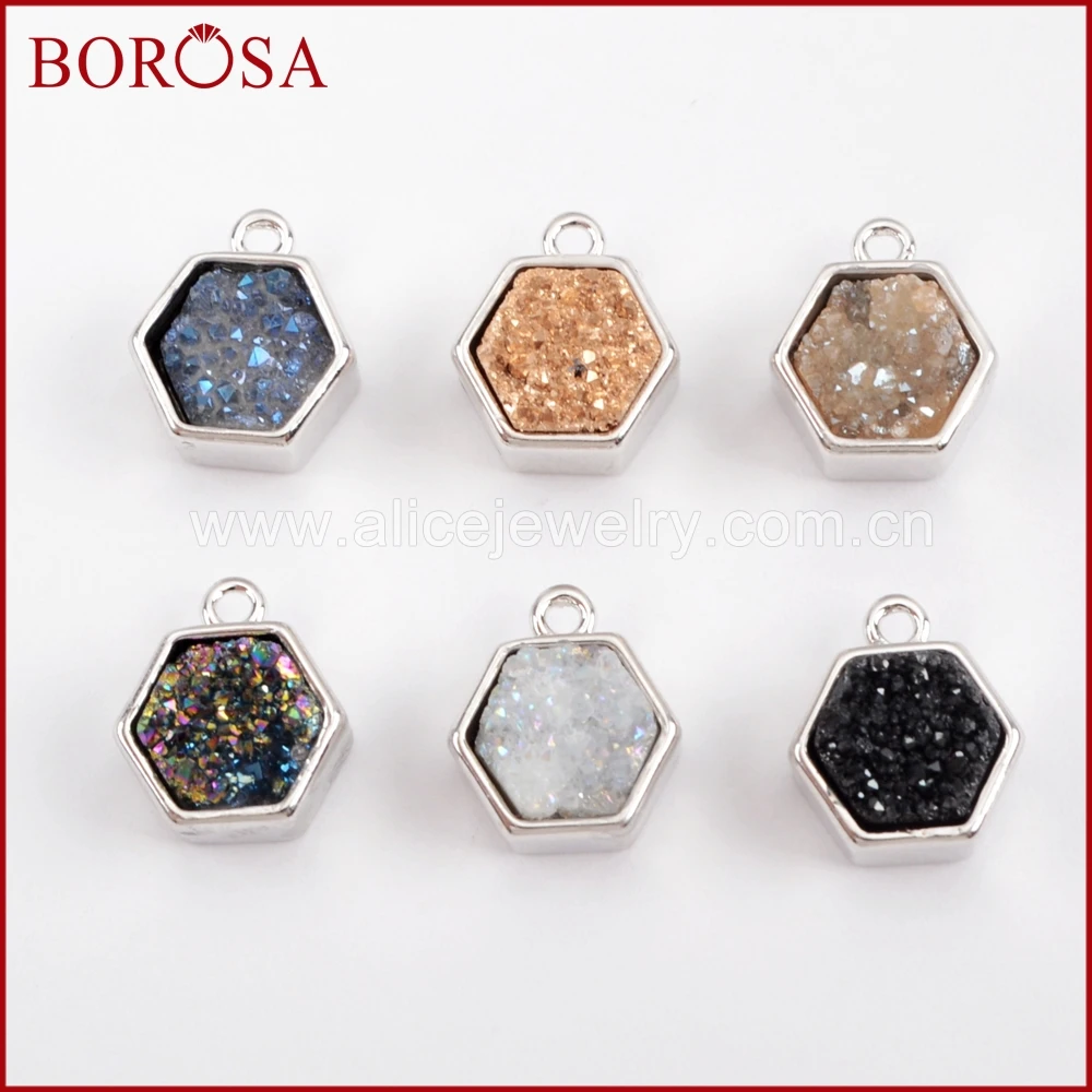 BOROSA 10 шт. серебряный цвет Безель Шестигранная натуральная Друза титановые