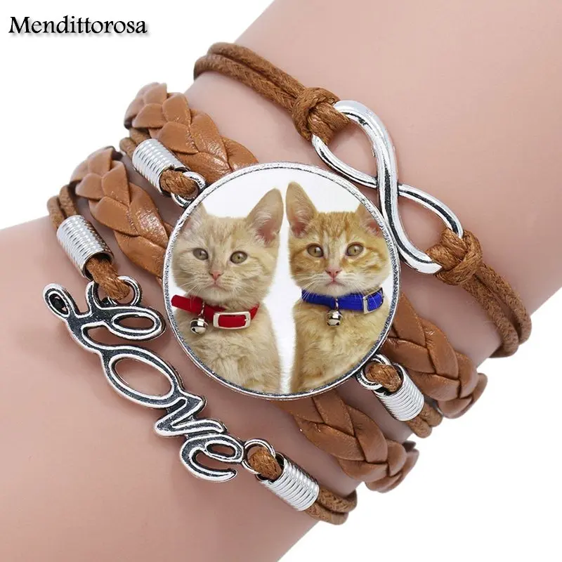 Mendittorosa Lovely Cat Fashion Glass Cabochon Multilayer Black/Brown Leather Bracelet Bangle Handmade Maxi Lovers Best Gifts | Украшения и