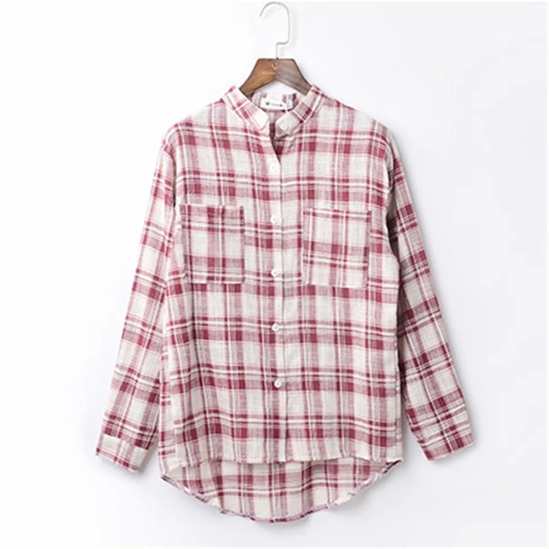 Осенью новый два карманы хлопчатобумажное бельё рубашки Для женщин О-образным