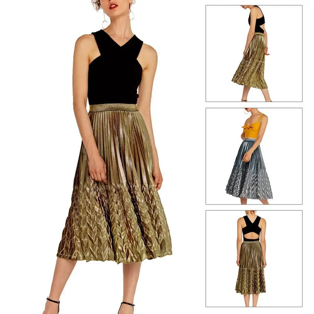 

Summer Skirt Women Sexy Skirts Lady's High Waist Solid Gilded Stretch Pleated Half-length A-line Gold Silver Skirt Jupe Femme Ed