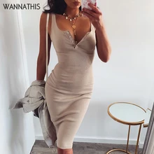 WannaThis платье длиной до колена трикотажное эластичное без рукавов облегающее элегантное женское летнее сексуальное платье с v-образным вырезом на пуговицах для вечеринки облегающее платье