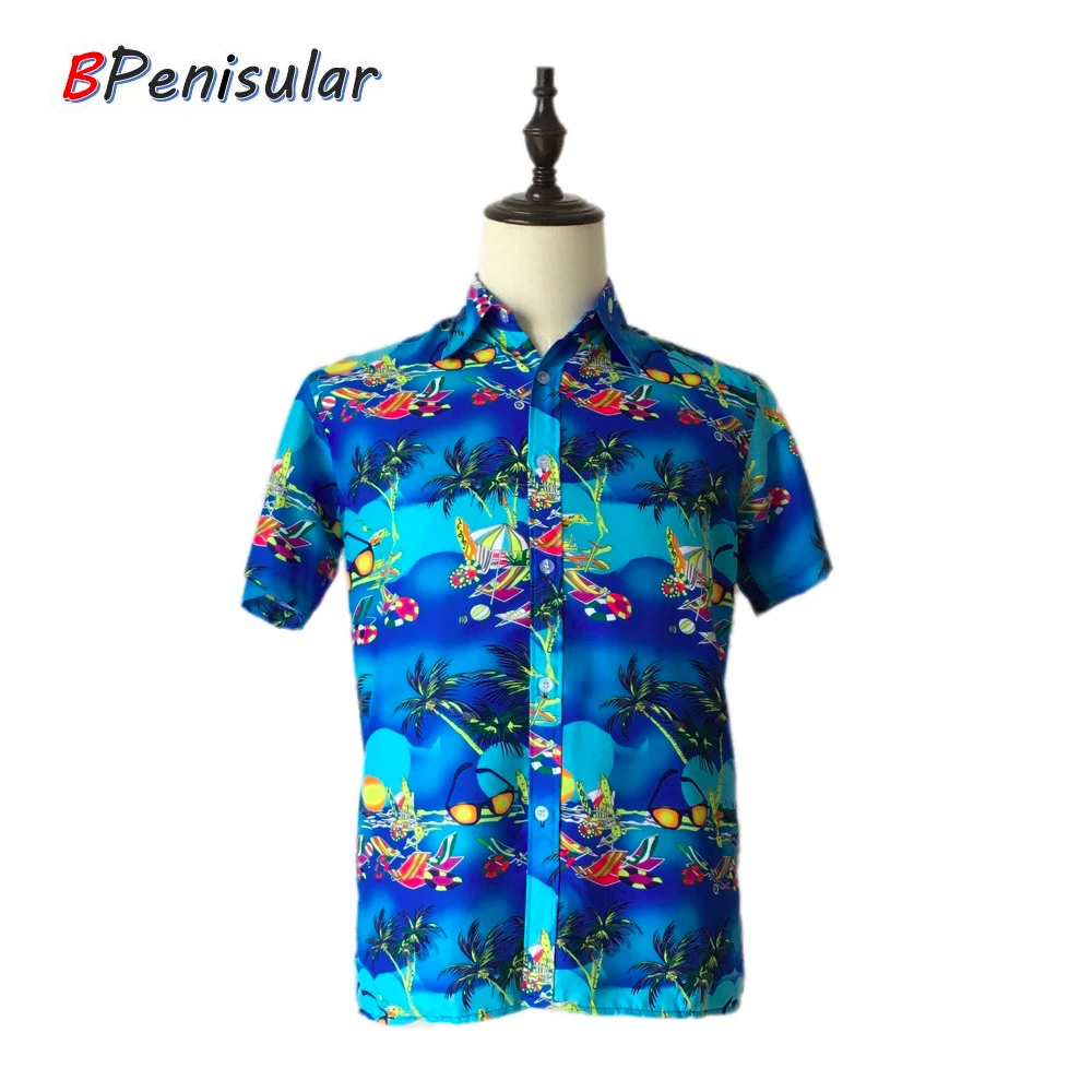Мужские Пляжные рубашки с коротким рукавом синие однобортные принтом в виде
