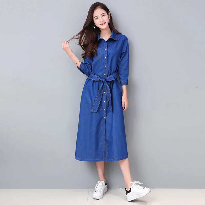 Новинка 2019 женские весенние джинсовые платья больших размеров синее платье с