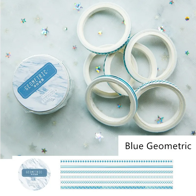 Blue Geometric 6 шт с мелкими блестками золотистого цвета лента для декорации Washi набор 5 мм голубая планета черный элемент розовый цвет клейкой ленты стикер подарок F535 - Цвет: Blue Geometric