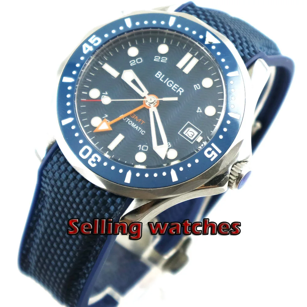

41mm bliger sterile navy blue dial GMT sapphire glass date ceramic bezel automatic mens watch