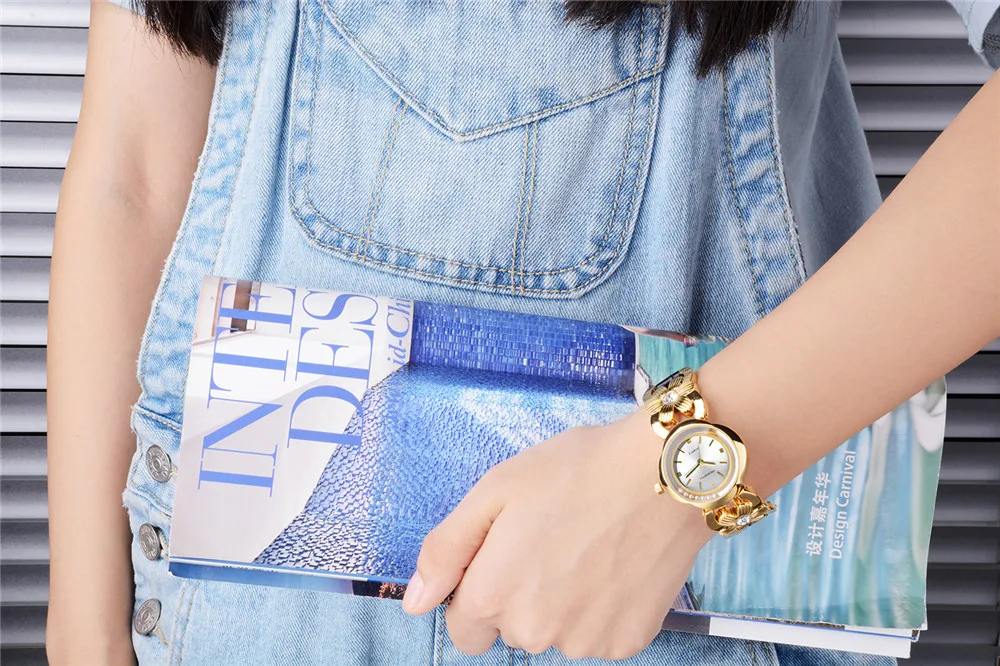 Женские золотые часы с цветком и бриллиантами наручные из нержавеющей стали для