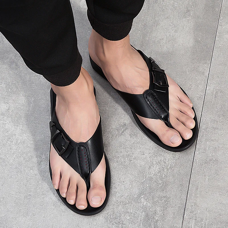 Мужские пляжные сандалии из мягкой кожи черные шлепанцы натуральной