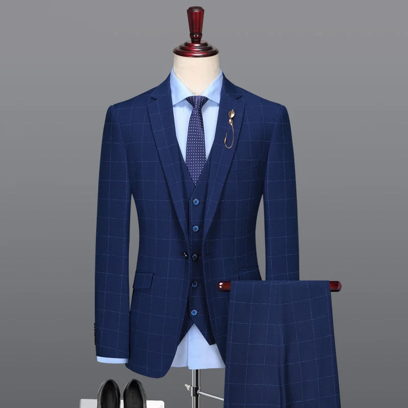 men suit blue plaid mens suits with pants vest father day gift wedding suits for men groom business man wear plus 6xl slim fit