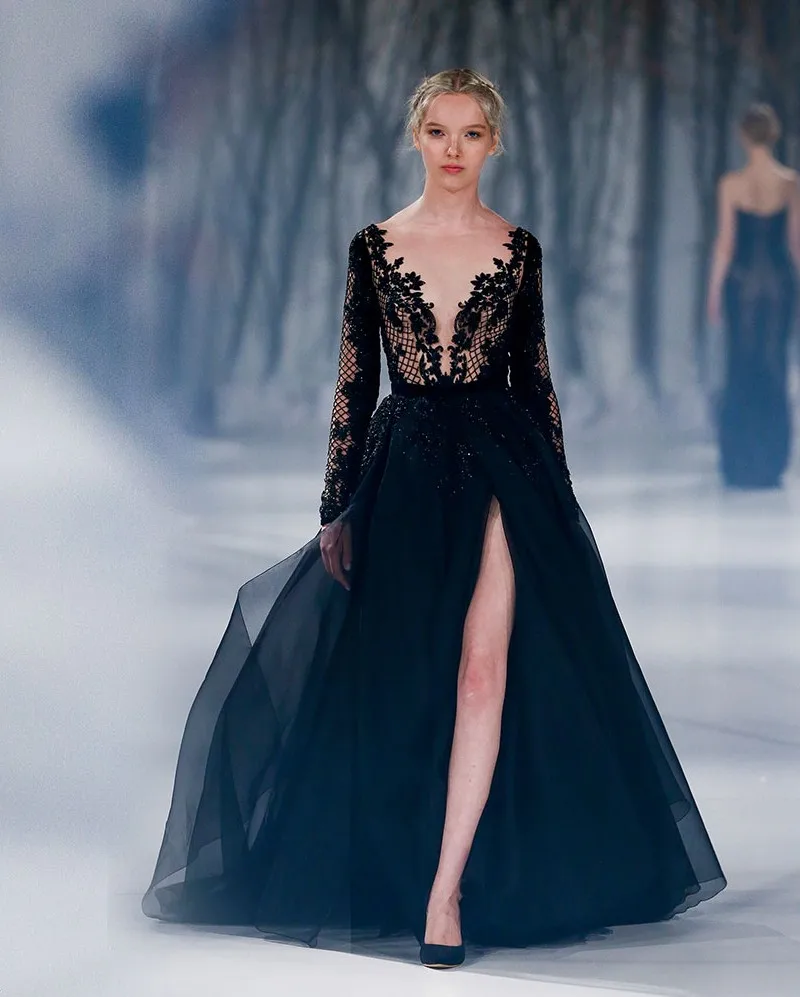 Сексуальные черные вечерние платья с глубоким v образным вырезом и длинными