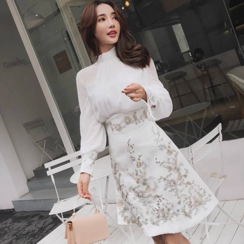 Shirt and dress Брендовый подиумный костюм, женский элегантный воротник с бантом, прозрачная шифоновая блузка, рубашка+ юбка с вышивкой бисером - Цвет: Shirt and dress