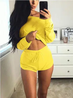 Yellow Спортивная Для женщин спортивные комплекты Фитнес Костюмы спортивный костюм беговой костюм 2 шт./компл. бег длинный рукав рубашка и шорты для бега - Цвет: Yellow