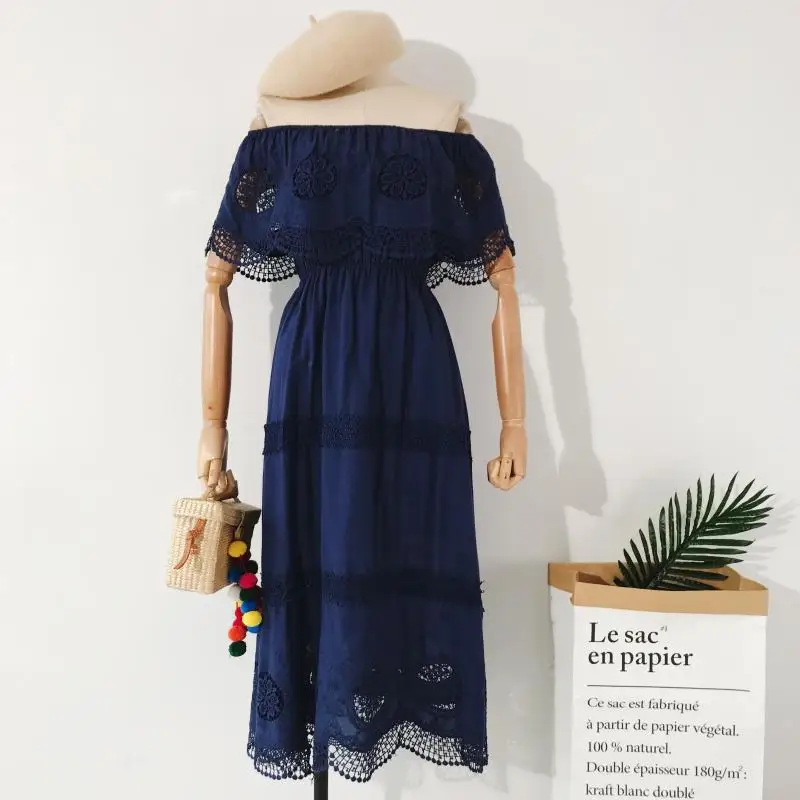 2019 Boho кружева со складками с открытыми плечами женское платье крючком Высокая