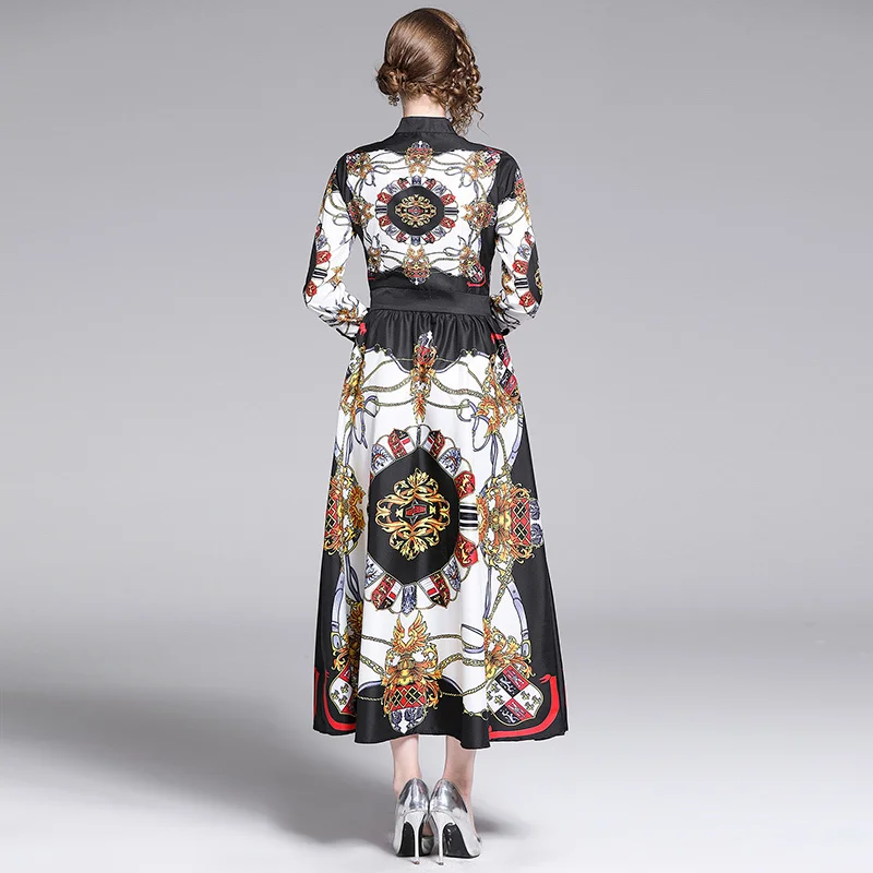 Винтаж печатных подиумные платья 2019 летние Для женщин с длинным рукавом