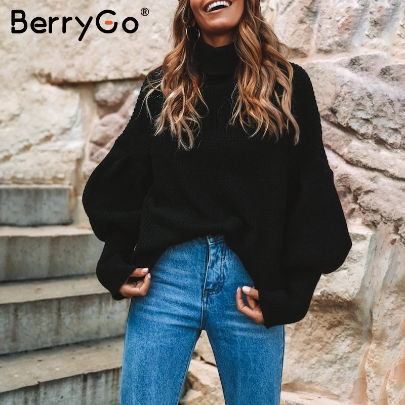 BerryGo красный вязаный свитер с высоким воротом для женщин винтажный