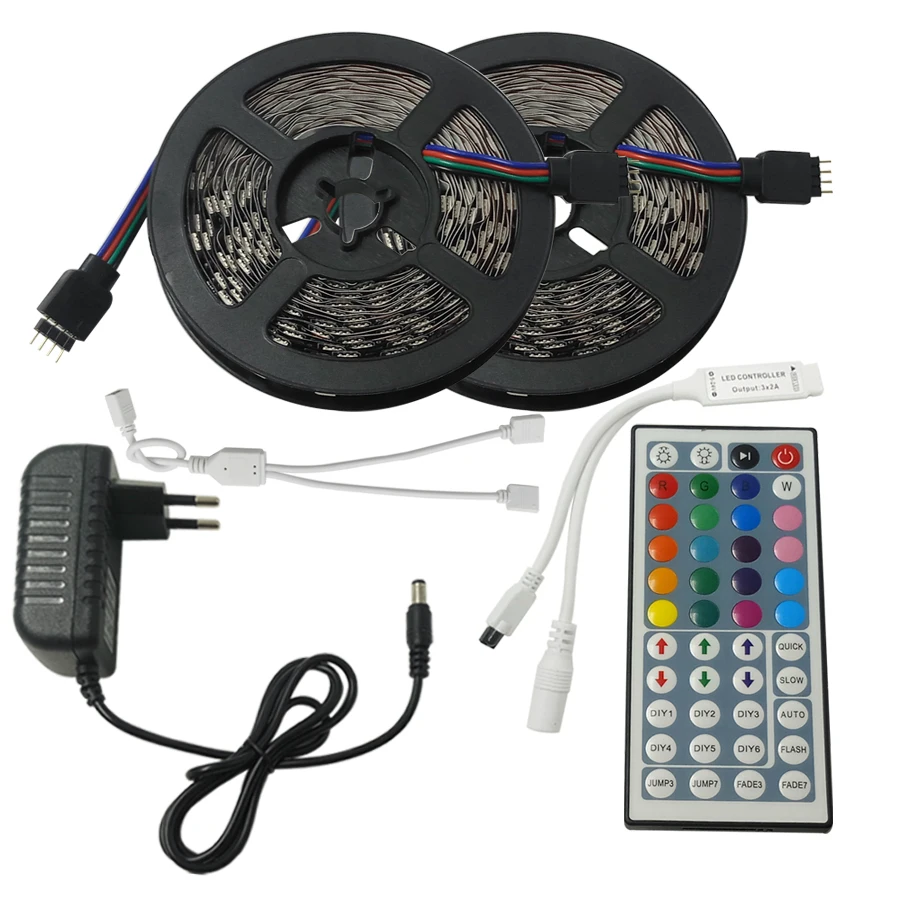 Светодиодный светильник RGB 5050 SMD 5 м 10 м RGB светильник IP20 светодиодный гибкий Скотч+ ИК пульт дистанционного управления+ светодиодный блок питания 12 В