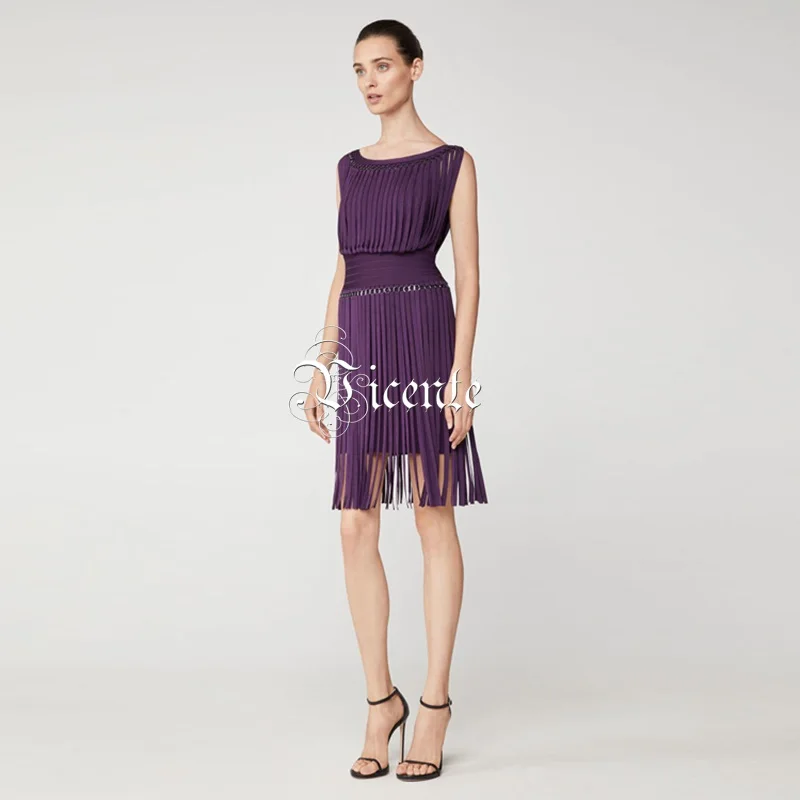 VC HOT 2020 New Chic Elegant Tassels Embellished Sexy Sleeveless Mini Wholesale Celebrity Bandage Dress | Женская одежда