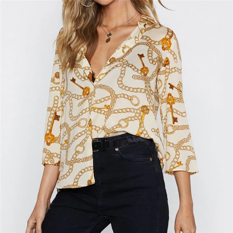 

Women Ladies Print Loose Long Sleeve V-Neck Sexy Tops Blouse Female Fashion Chiffon Shirts Blouses Clothing Red Beige Black 3XL